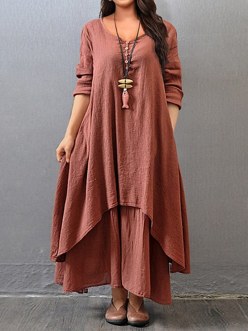 Women's Plus Size Casual Dress Swing Dress Solid Color Long Dress Maxi Dress Long Sleeve Button Fake Two Piece V Neck