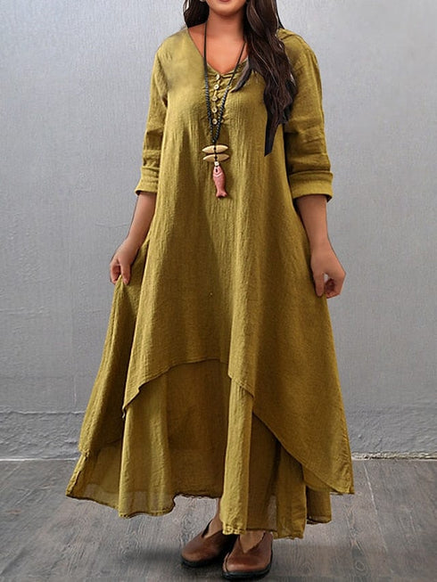 Women's Plus Size Casual Dress Swing Dress Solid Color Long Dress Maxi Dress Long Sleeve Button Fake Two Piece V Neck