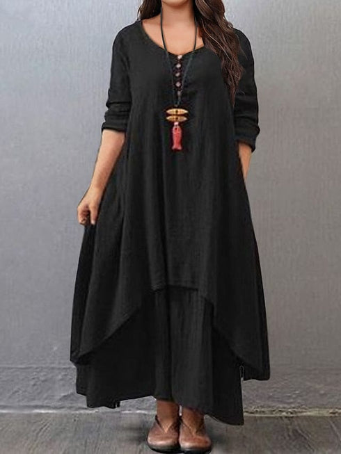 Women's Plus Size Casual Dress Swing Dress Solid Color Long Dress Maxi Dress Long Sleeve Button Fake Two Piece V Neck