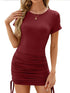 Women's short-sleeved side drawstring slim fit hip-hugging dress