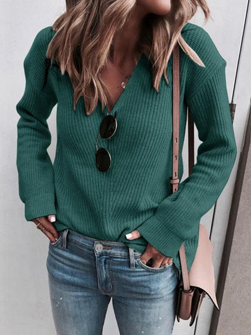 Women's Sweaters Fashion Simple V-Neck Knitted Sweater