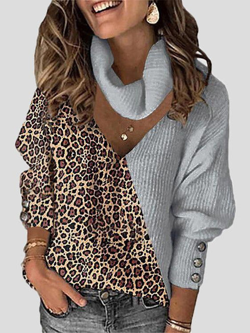 Women's Sweaters Leopard Print Color Block V-Neck Scarf Sweater