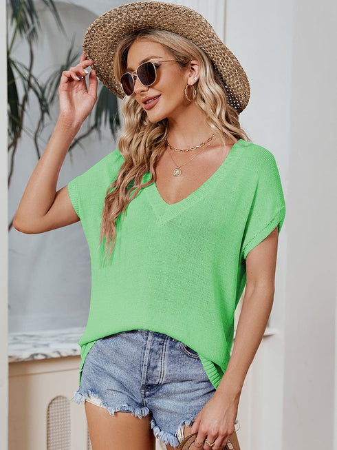 Women's V Neck Dolman Sweater, Short Sleeve Tunic Pullover Top, Lightweight Knit Sweater Blouse