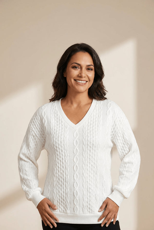 Women's Alabaster White Textured Cable-Knit V-Neck Top