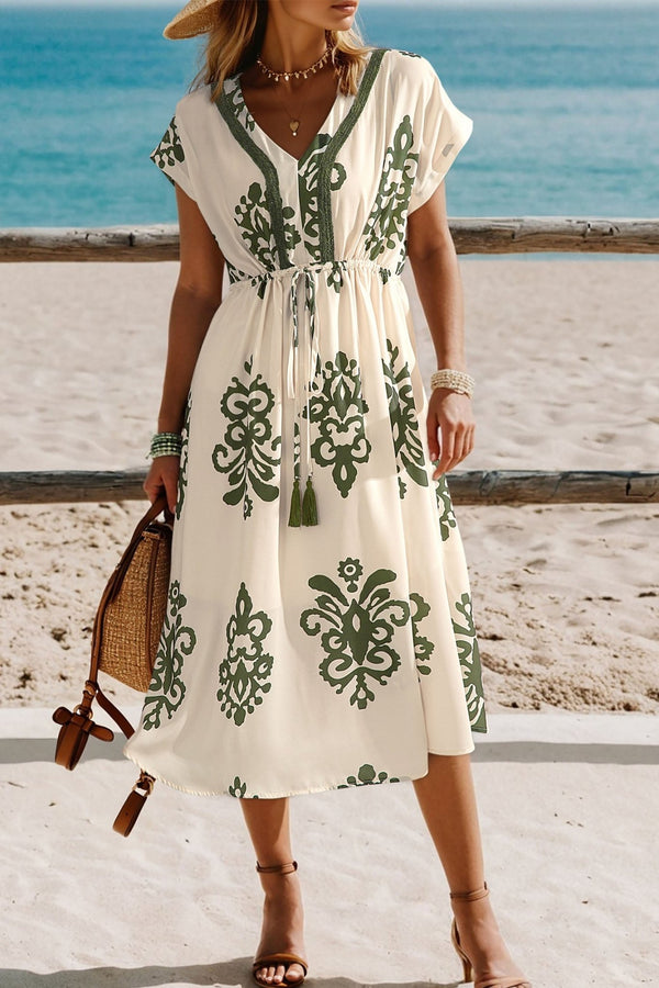Women's Apricot Abstract Print V-Neck Vacation Dress - Loose Fit with Drawstring Waist and Embroidered Detail