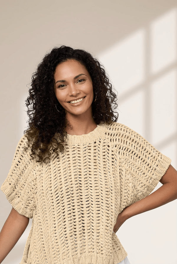 Women's Apricot Open Knit Short Sleeve Sweater with Side Bows