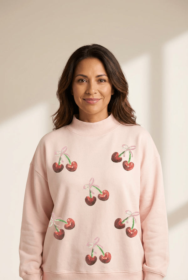 Women's Apricot Pink Sequin Cherry Bow Mock Neck Sweatshirt