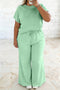 Clearly Aqua Solid Color Ribbed Trim Short Sleeve Top Drawstring Loose Pants 2pcs Outfit