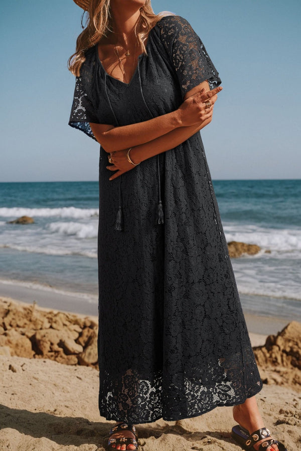Floral Lace Maxi Dress with Tassel Tie & Short Sleeves