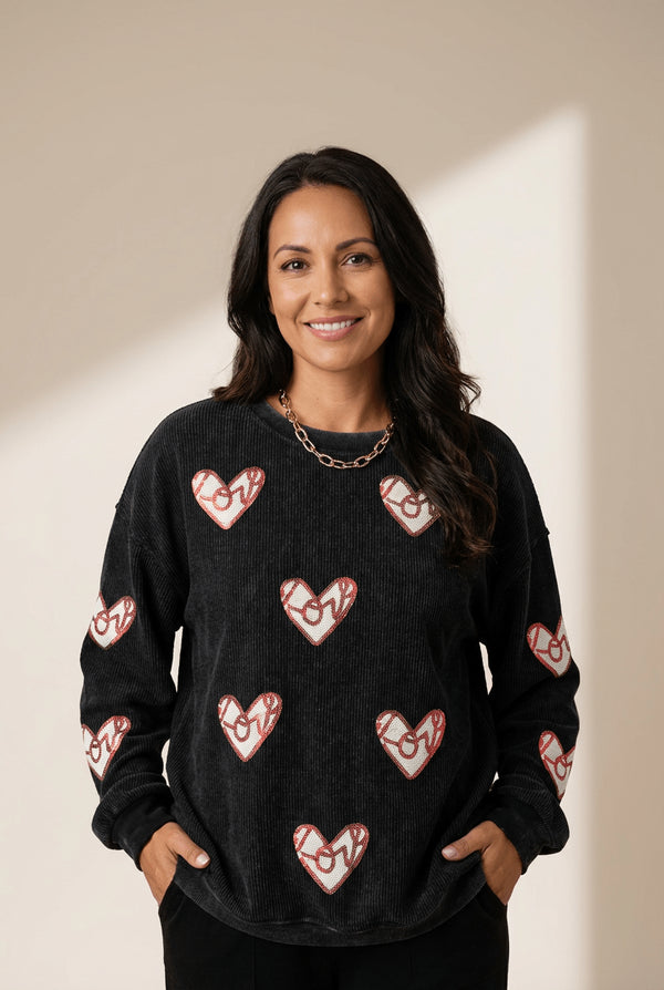 Women's Black Ribbed Heart Sequin Graphic Sweatshirt for Women