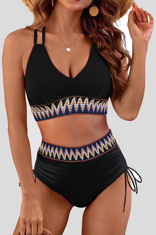 women's black ribbed knit tribal print high waist two-piece swimsuit - easy and wearable summer swimwear with practical styling and dependable