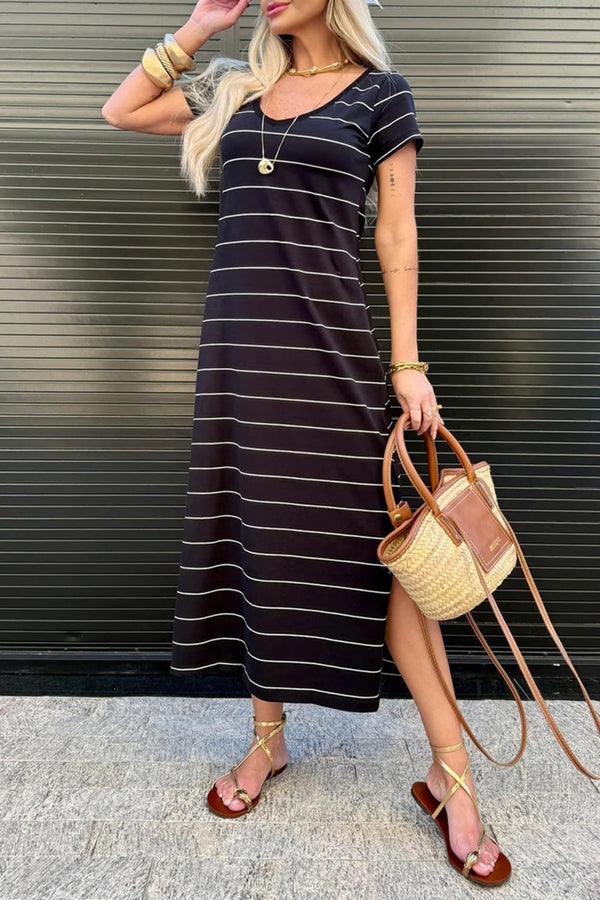 Women's Striped Cotton Maxi T-Shirt Dress with Side Slits