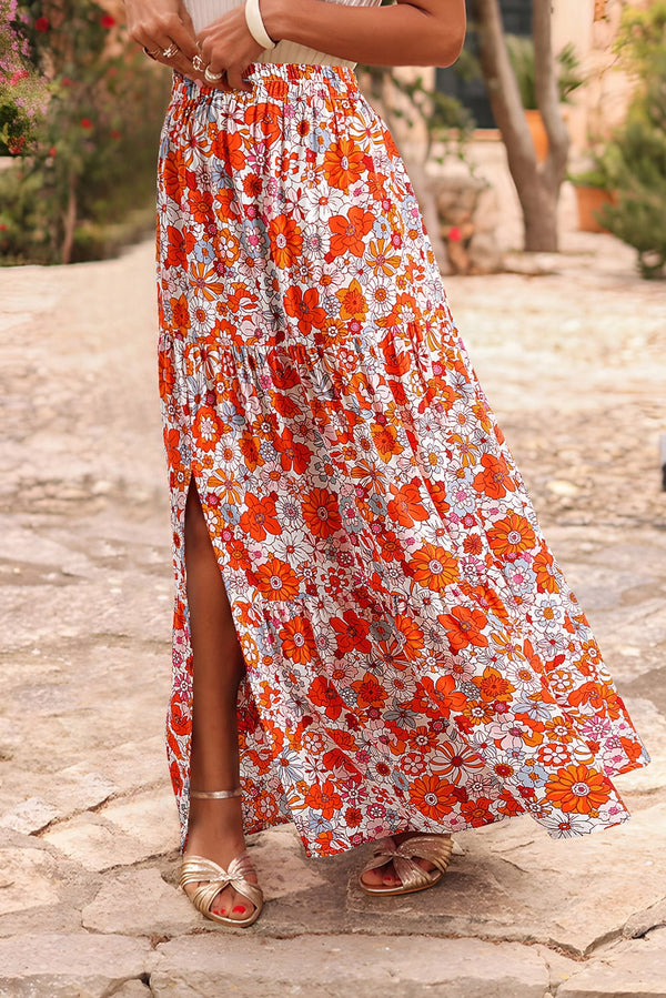 Women's Bohemian Floral Orange Maxi Skirt with Side Split - Flowing, Comfortable Fit for Summer Events and Festivals