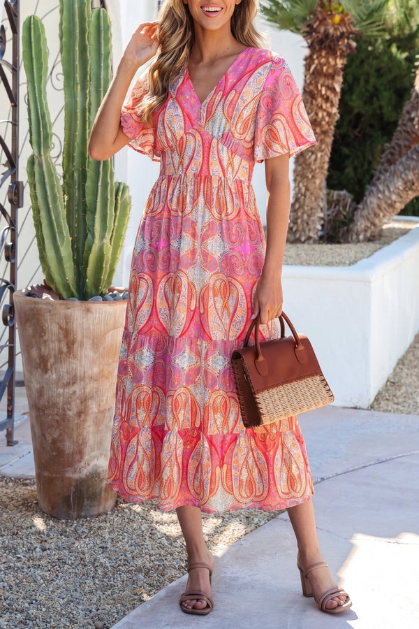 Women's Boho Chic Multicolor Paisley V-Neck Maxi Dress with Ruffle Short Sleeves for Effortless Summer Style
