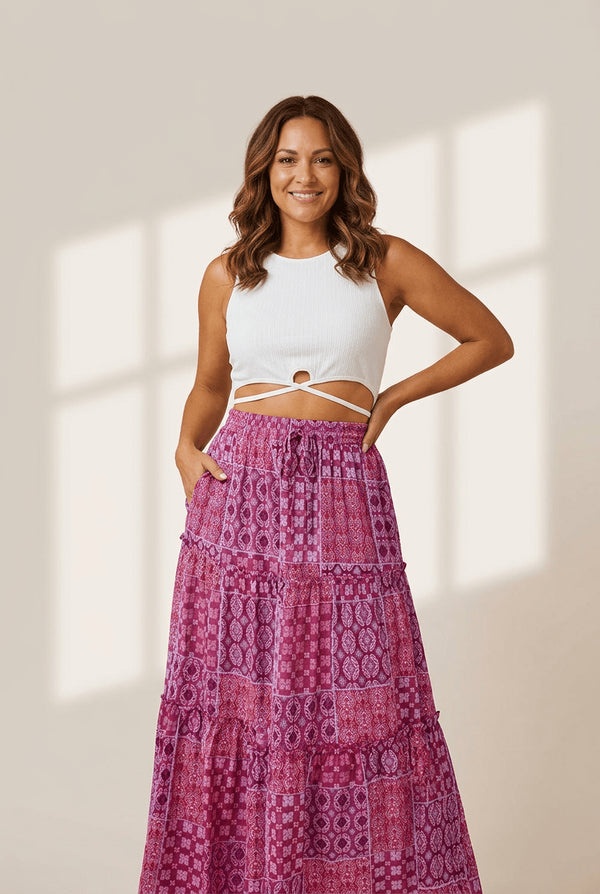 Women's Boho Purple Tiered Maxi Skirt with Pockets - Effortless Summer Style in Vibrant Paisley Print