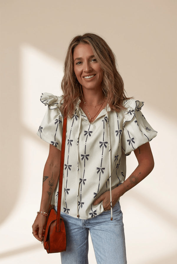 Women's Bow Print Ruffle Shoulder Puff Sleeve Blouse in Cream