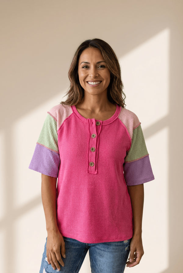 Women's Bright Pink Ribbed Color-Block Henley Short Sleeve Tee