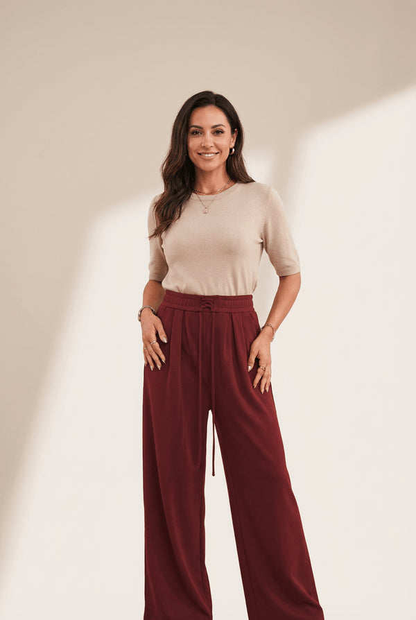 Women's Burgundy Wide-Leg Pleated Sweatpants with Corset Waist