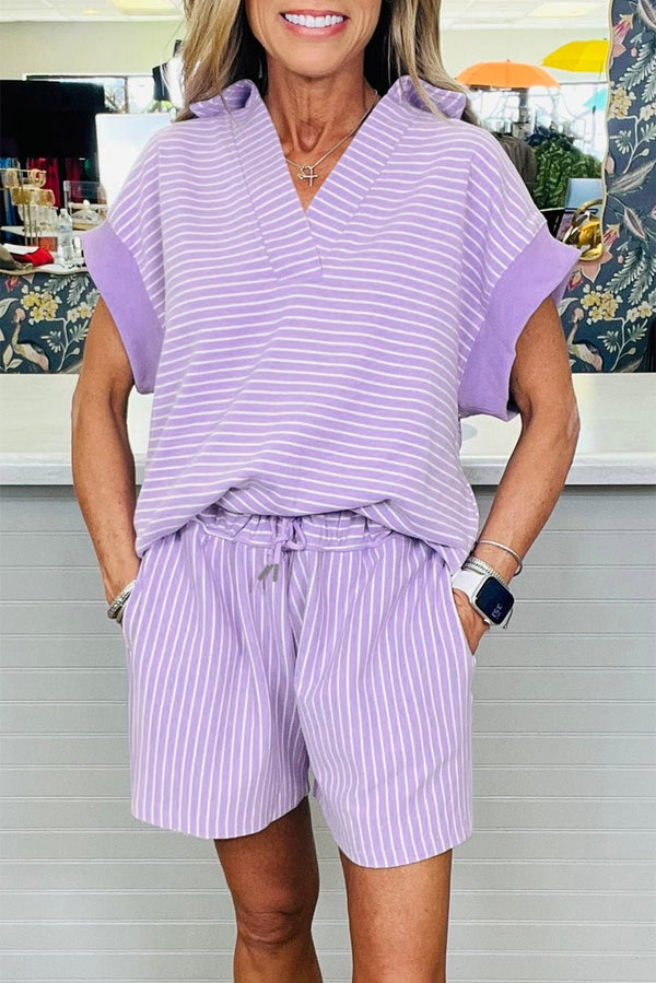 women's casual chic purple stripe dolman sleeve polo shirt and drawstring shorts set - stylish loungewear outfit with practical styling and dependable