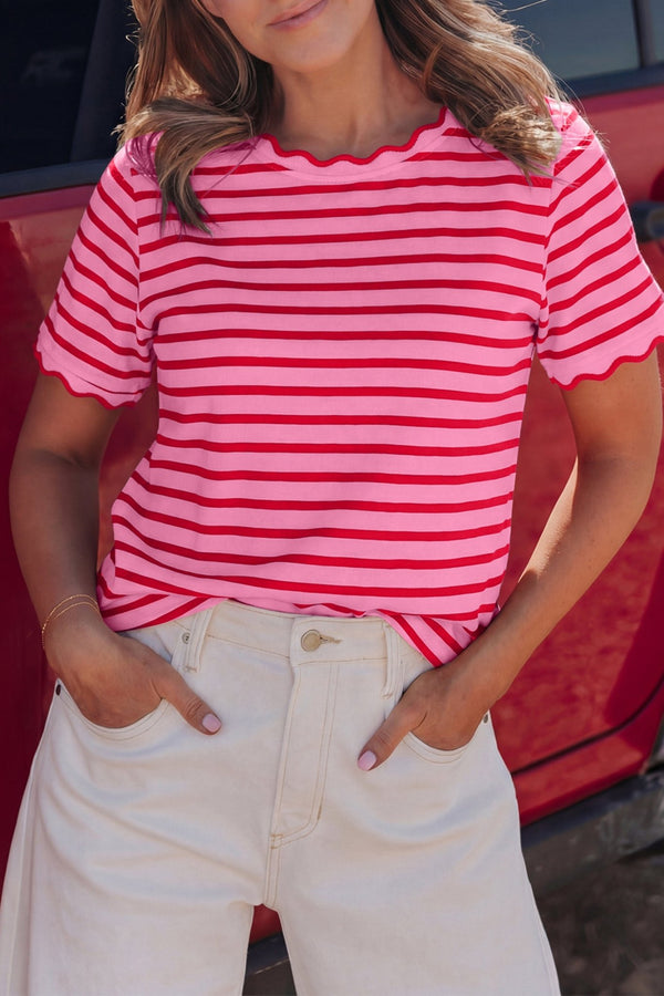 Pink Stripe Scalloped Trim Round Neck T Shirt
