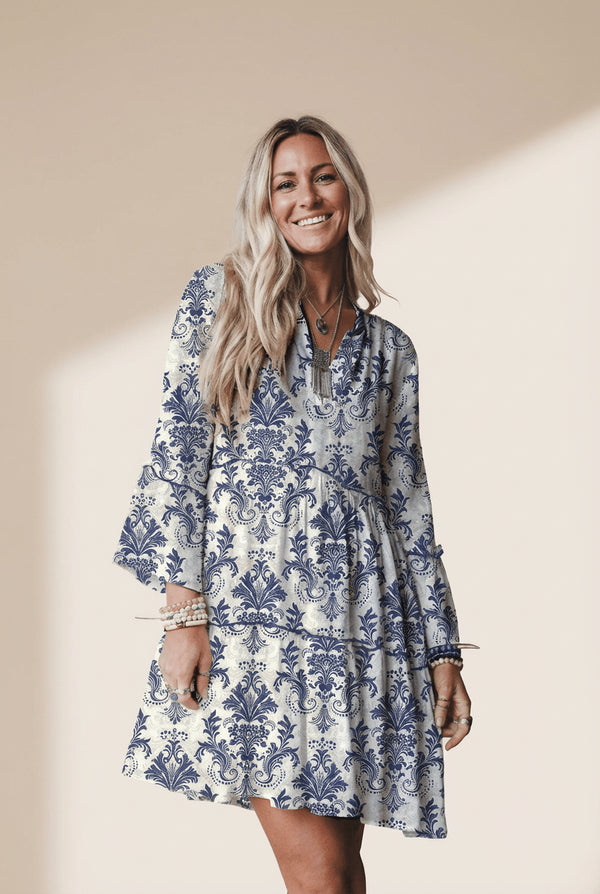 Women's Cerulean Damask Boho Mini Dress with Ruffled Tiers