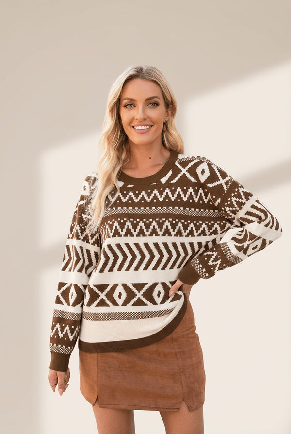 Women's Chestnut Brown Abstract Geometric Knit Pullover
