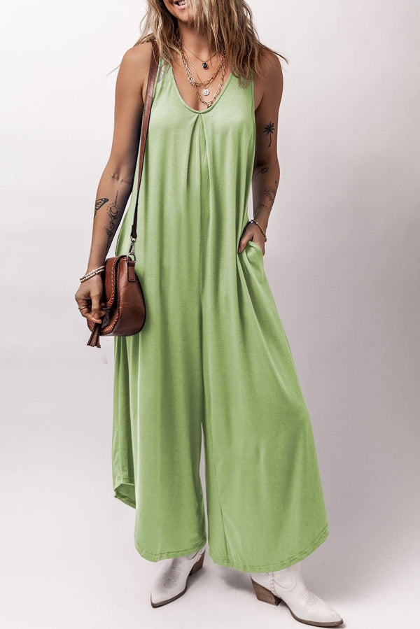 Women's Chic Women's Grass Green Sleeveless V-Neck Wide Leg Jumpsuit with Pockets - Must-Have Summer Fashion Staple