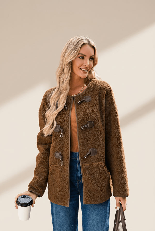 Women's Coffee Brown Textured Teddy Coat with Toggle Closure