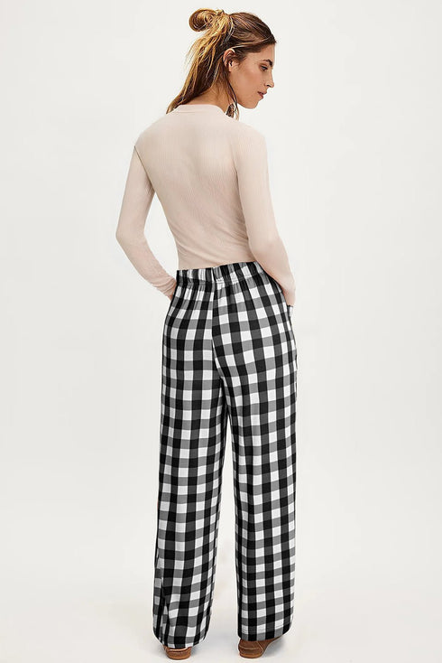 Black Checkered Print Double Pocketed Drawstring Casual Pants