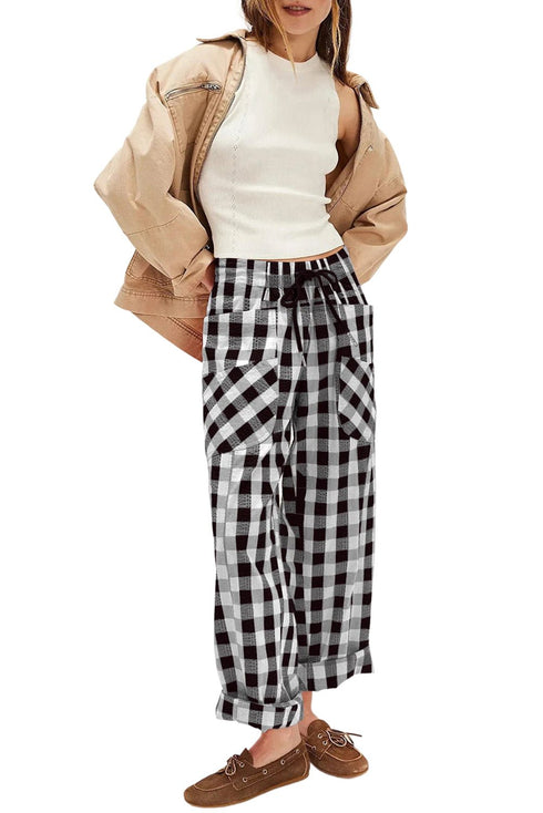 Black Checkered Print Double Pocketed Drawstring Casual Pants