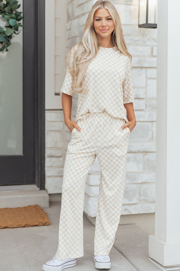 Women's Comfortable Khaki Checkered Half Sleeve Tee and Lounge Pants Set for Effortless Casual Style