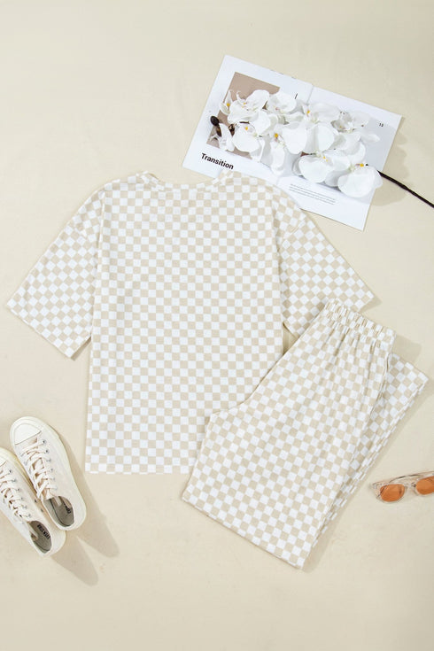 Khaki Checkered Print Half Sleeve Tee 2pcs Lounge Pant Set