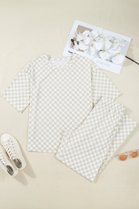 Khaki Checkered Print Half Sleeve Tee 2pcs Lounge Pant Set