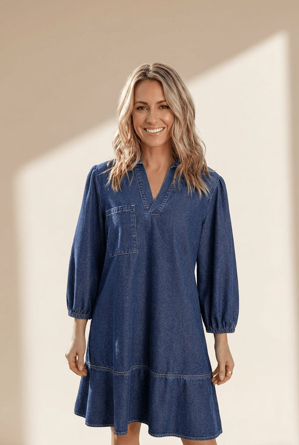 Women's Cotton-Blend Denim V-Neck Shift Dress with Tiered Hem
