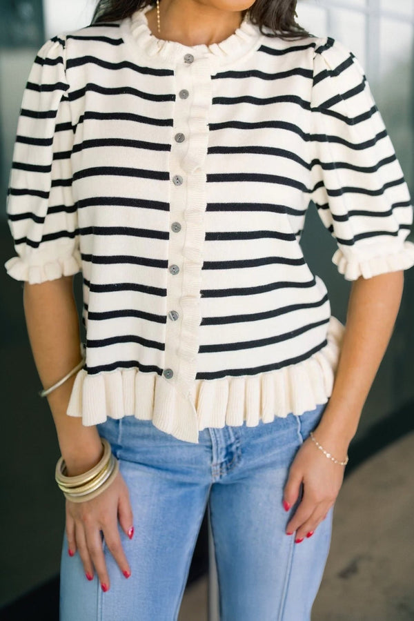 Women's Cozy Beige Striped Ruffle Trim Cardigan - Short Sleeve Knit Sweater for Casual Chic Style