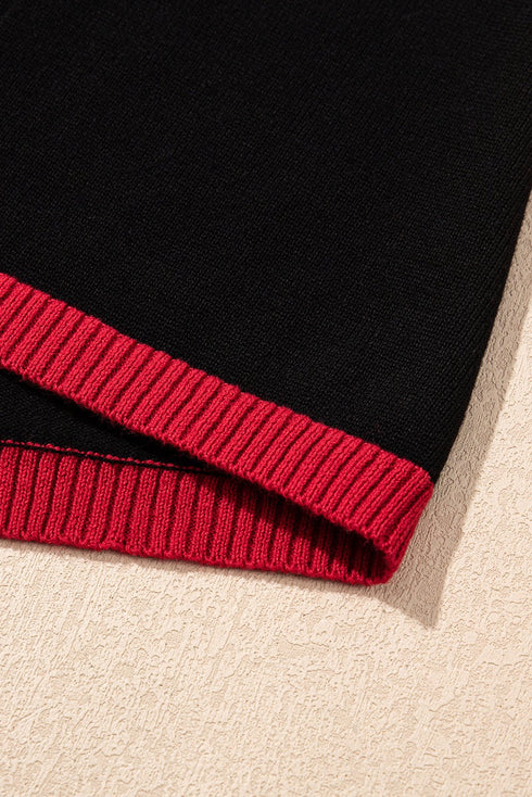 Black white Heart Print Contrast Trim Drop Shoulder Sweater