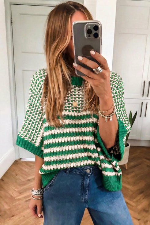 Green Stripe 3/4 Draped Sleeve Slouchy Sweater