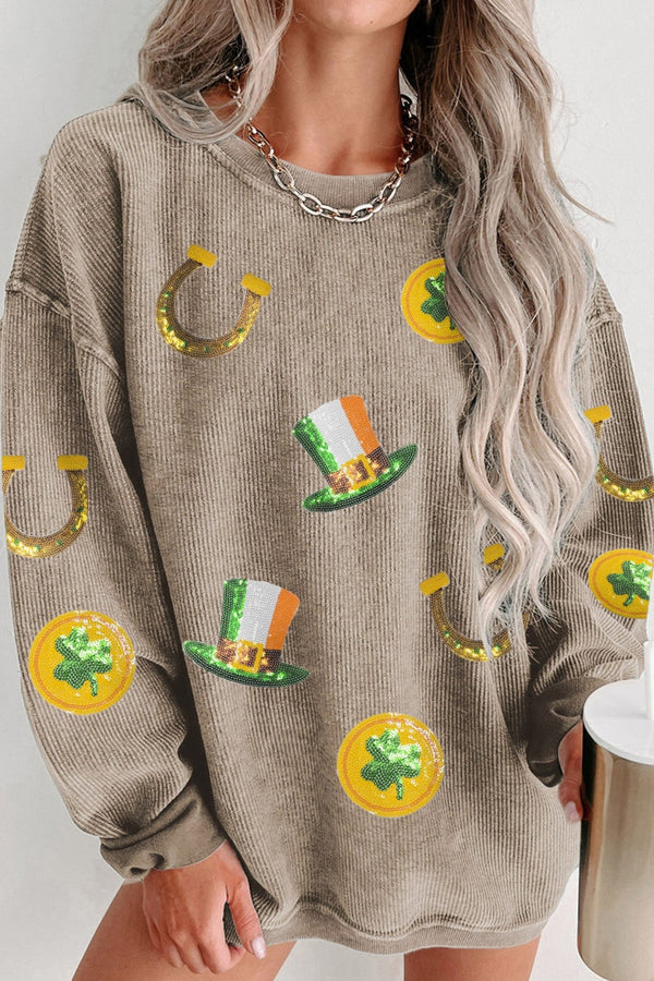 Women's Khaki Ribbed St. Patrick's Day Sequin Sweatshirt