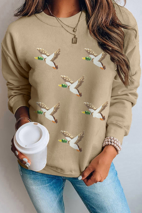 Women's Cozy Khaki Sequin Mallard Graphic Sweatshirt - Stylish Pullover for Casual Chic Looks
