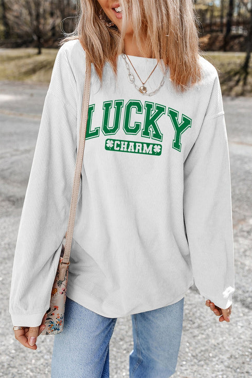 White LUCKY CHARM Graphic Corded Sweatshirt