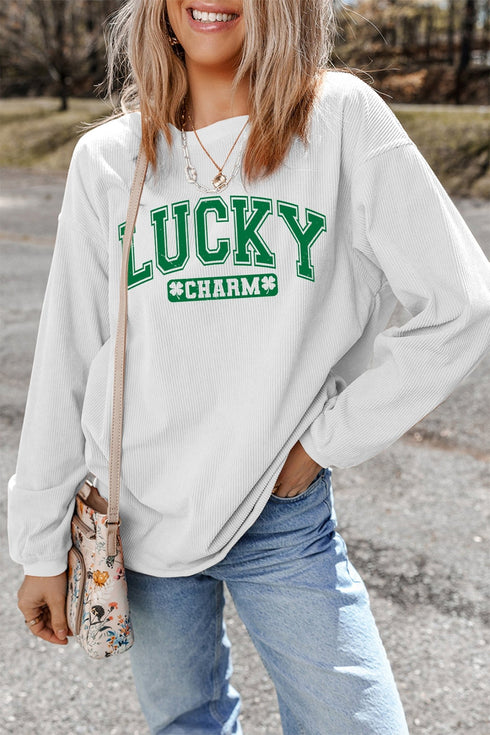 White LUCKY CHARM Graphic Corded Sweatshirt