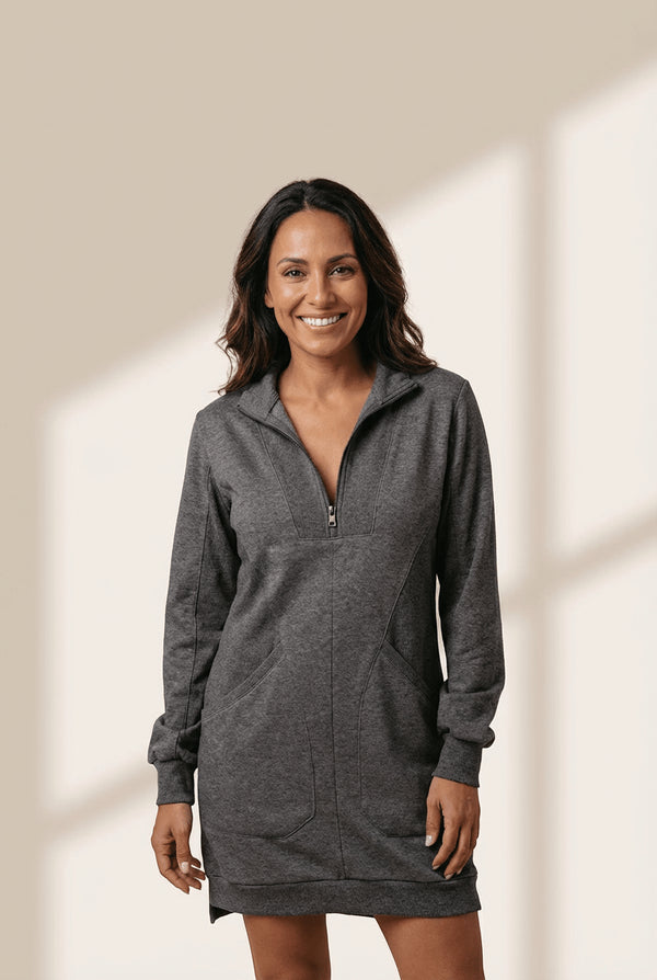 Women's Dark Grey Half-Zip Sweatshirt Dress in Premium Cotton Blend