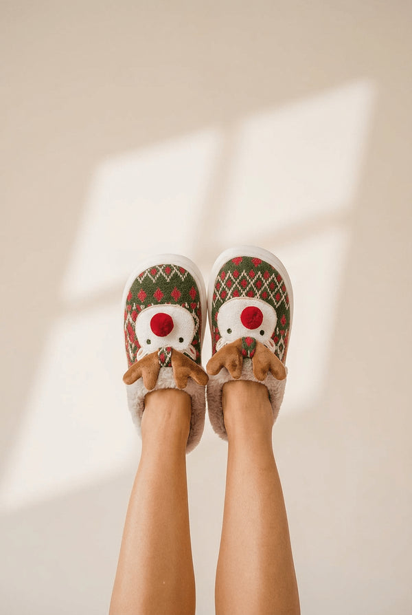 Women's Fern Green Geometric Knit Reindeer Plush Slippers