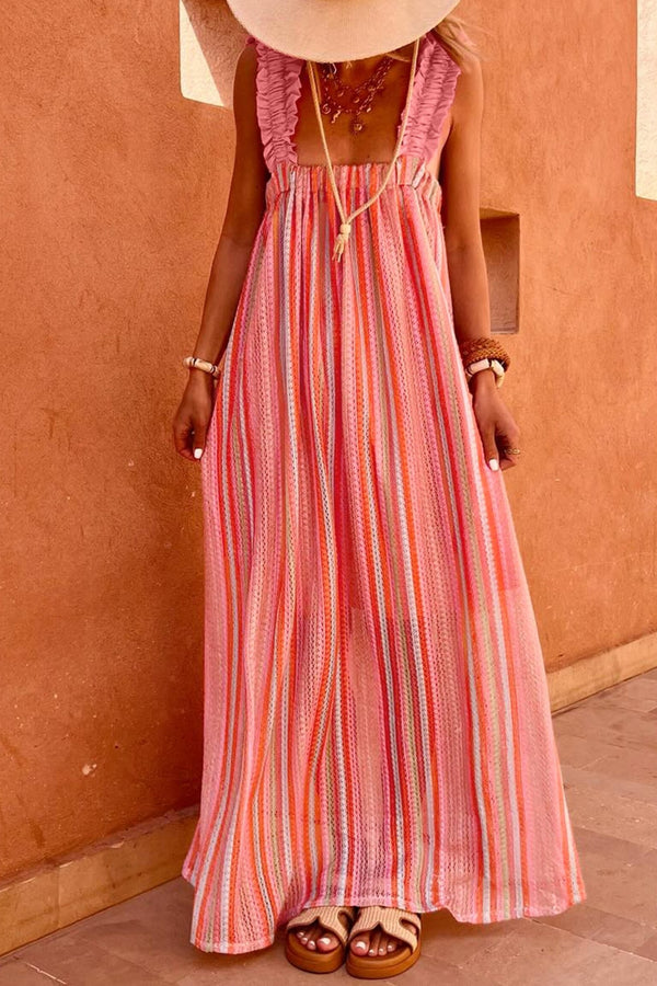 Women's Flowy Pink Striped Maxi Dress with Ruffles and Knot Detail - Perfect for Summer Vacations and Beach Days