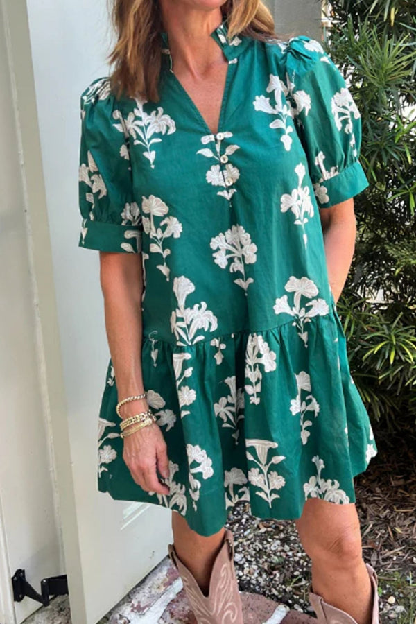 Women's Green Floral Mini Dress with Frilled V-Neck and Puff Sleeves - Perfect for Summer Parties and Casual Outings