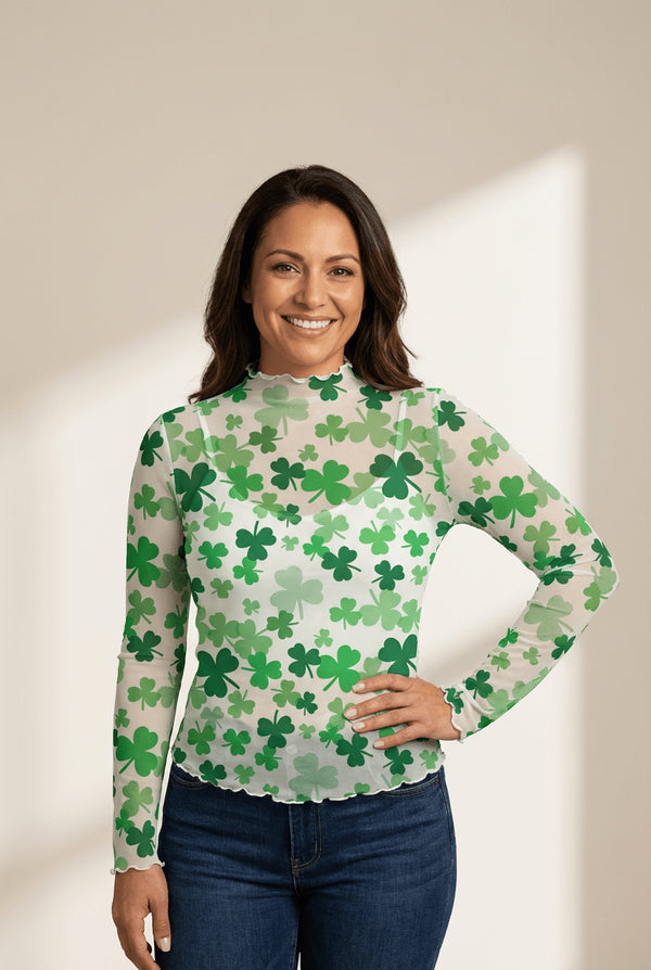 Women's Green Shamrock Lettuce Trim High Neck Mesh Long Sleeve Top - Trendy St. Patrick's Day Fashion