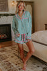Green Stripe Contrast Ricrac Trim Long Sleeve Shirt Drawstring Ruffled Pajama Short Set