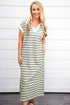 Green Stripe Collared V Neck Short Sleeve T Shirt Midi Dress with Pockets