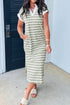 Green Stripe Collared V Neck Short Sleeve T Shirt Midi Dress with Pockets