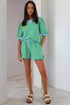 Green Stripe Puff Short Sleeve T Shirt Matching Shorts Set